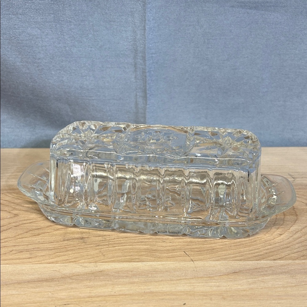 Vintage Pressed Glass Butter Dish, Star Design